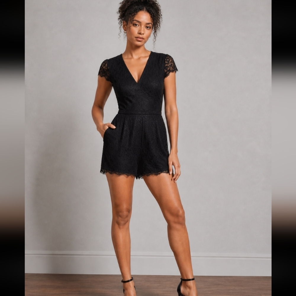 ADELYN RAE Romper Dressy Black Lace Cap Sleeve M